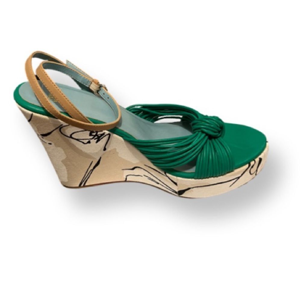 Frances Valentine Green Knotted Leather Wedge Sandals with Tan Sling